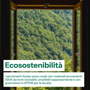 paesaggio montano con informazioni relative ai serramenti alulen, creati con materiali 100% provenienti da fonti riciclabili
